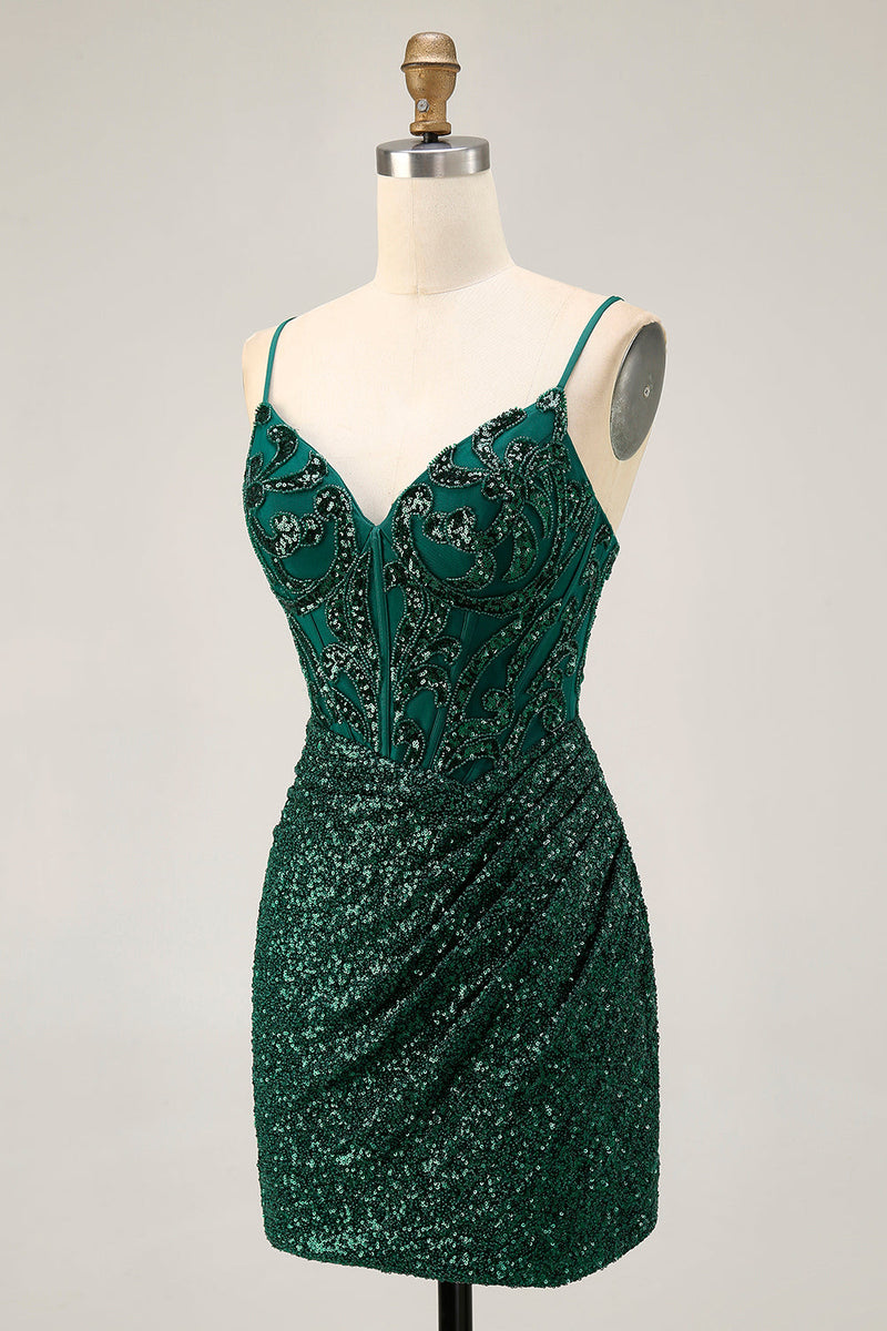 Load image into Gallery viewer, Sparkly Dark Green Corset Sequins V-Neck Short Prom Dress