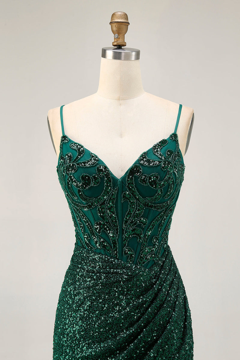 Load image into Gallery viewer, Sparkly Dark Green Corset Sequins V-Neck Short Prom Dress