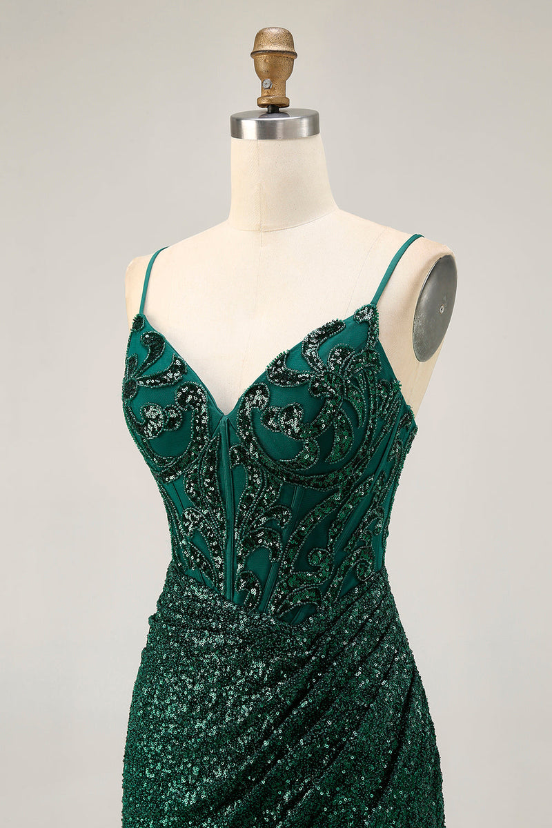 Load image into Gallery viewer, Sparkly Dark Green Corset Sequins V-Neck Short Prom Dress