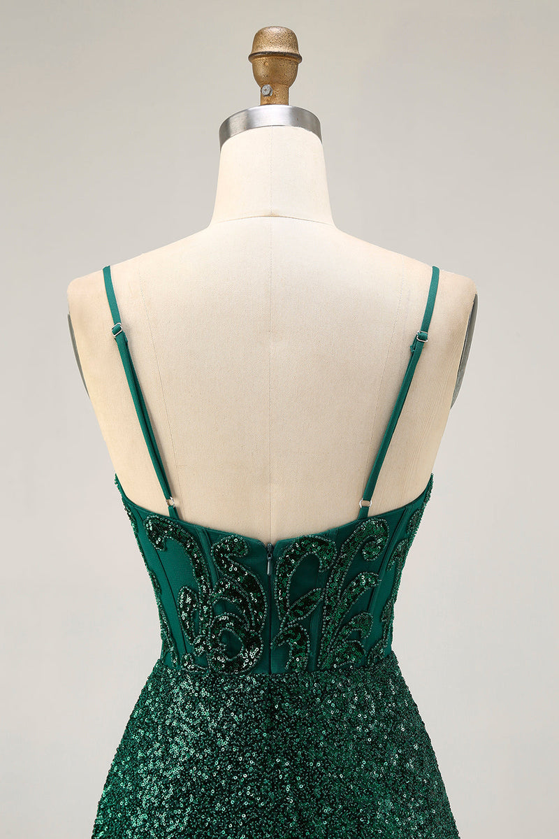Load image into Gallery viewer, Sparkly Dark Green Corset Sequins V-Neck Short Prom Dress