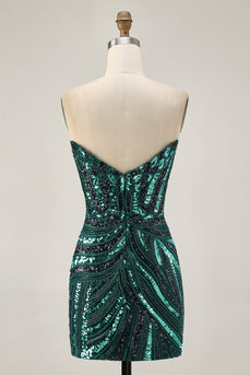 Sparkly Dark Green Strapless Tight Short Beaded Prom Dress