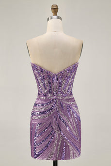 Sparkly Purple Beaded Tight Strapless Short Prom Dress