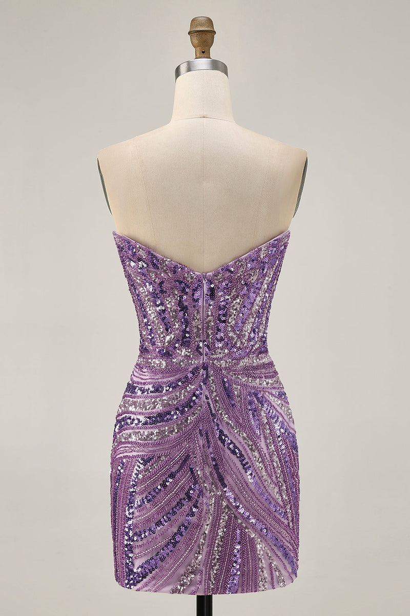 Load image into Gallery viewer, Sparkly Purple Beaded Tight Strapless Short Prom Dress