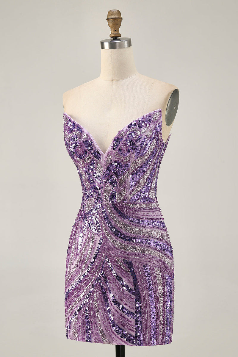 Load image into Gallery viewer, Sparkly Purple Beaded Tight Strapless Short Prom Dress