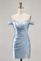 Load image into Gallery viewer, Grey Blue Satin Off the Shoulder Ruched Short Prom Dress