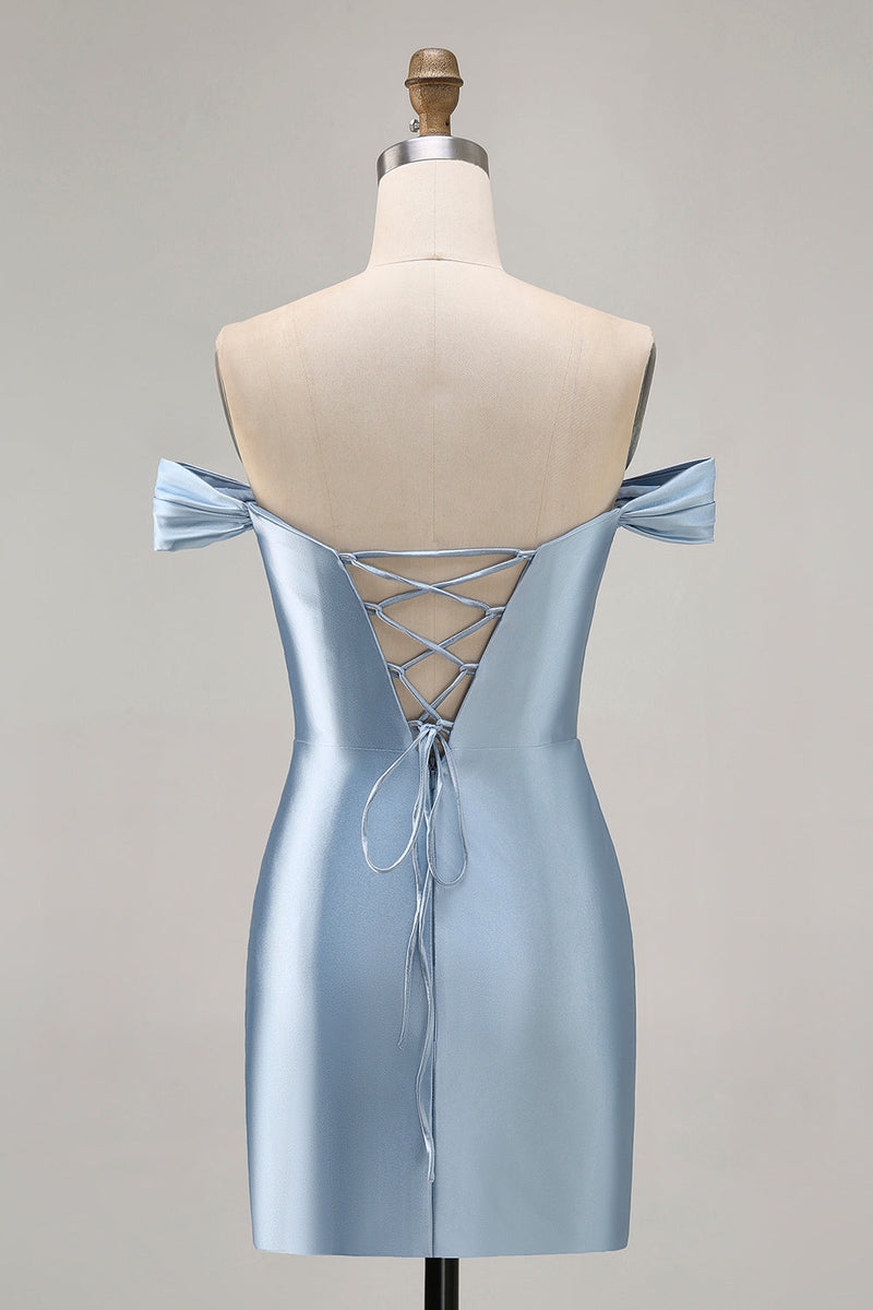 Load image into Gallery viewer, Grey Blue Satin Off the Shoulder Ruched Short Prom Dress