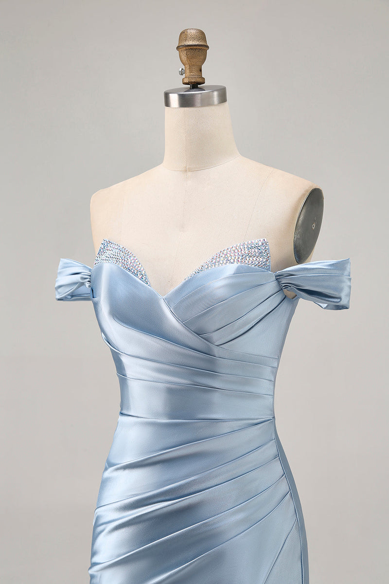 Load image into Gallery viewer, Grey Blue Satin Off the Shoulder Ruched Short Prom Dress