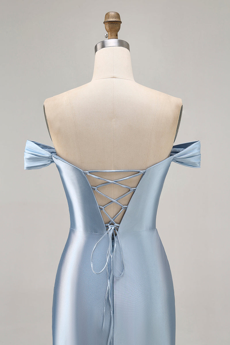 Load image into Gallery viewer, Grey Blue Satin Off the Shoulder Ruched Short Prom Dress