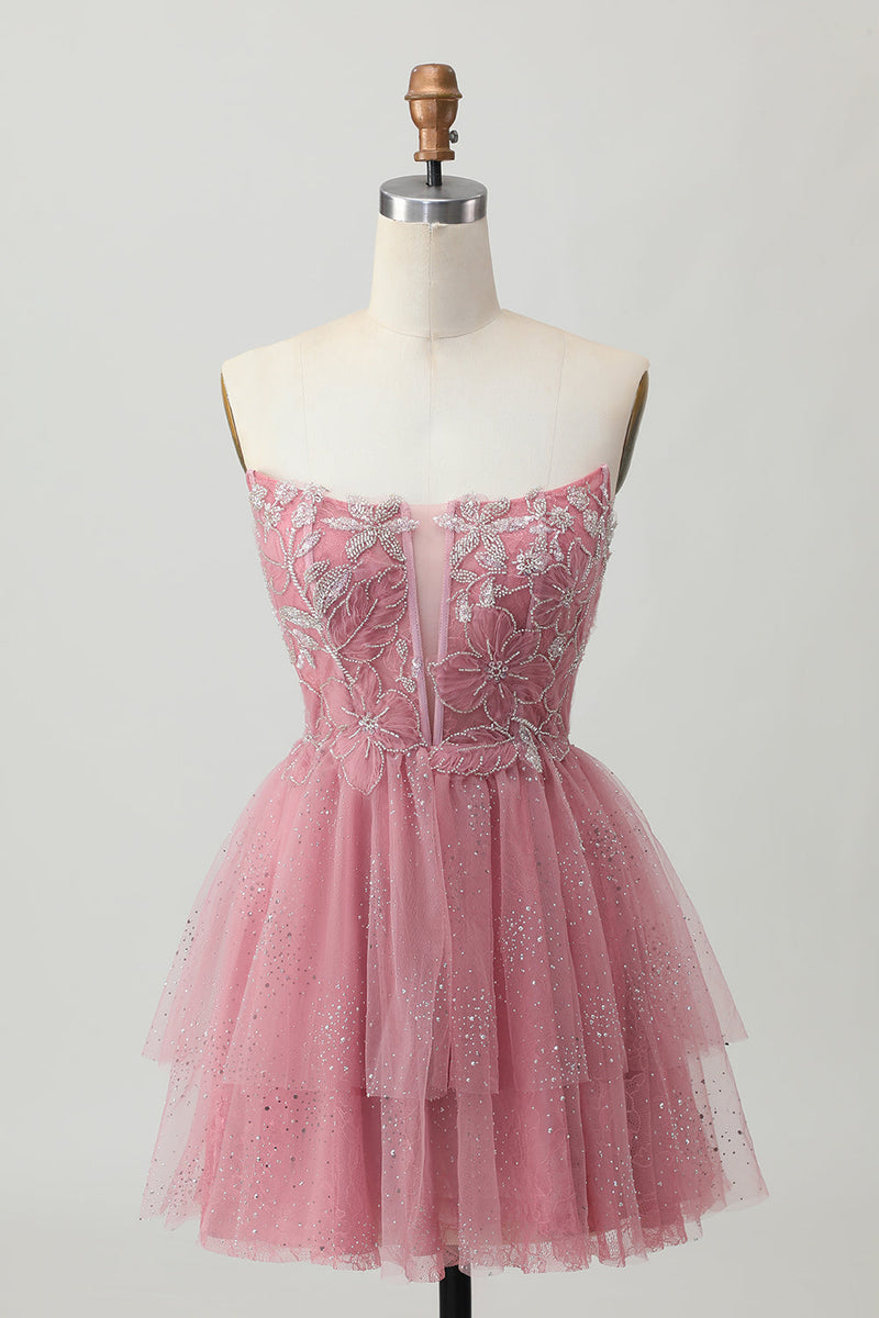 Load image into Gallery viewer, Glitter Dusty Rose Tiered Tulle Ruffled Short Corset Prom Dress