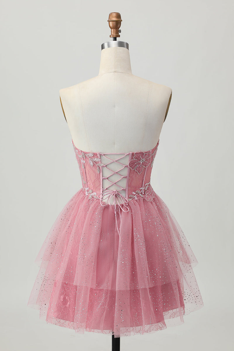 Load image into Gallery viewer, Glitter Dusty Rose Tiered Tulle Ruffled Short Corset Prom Dress