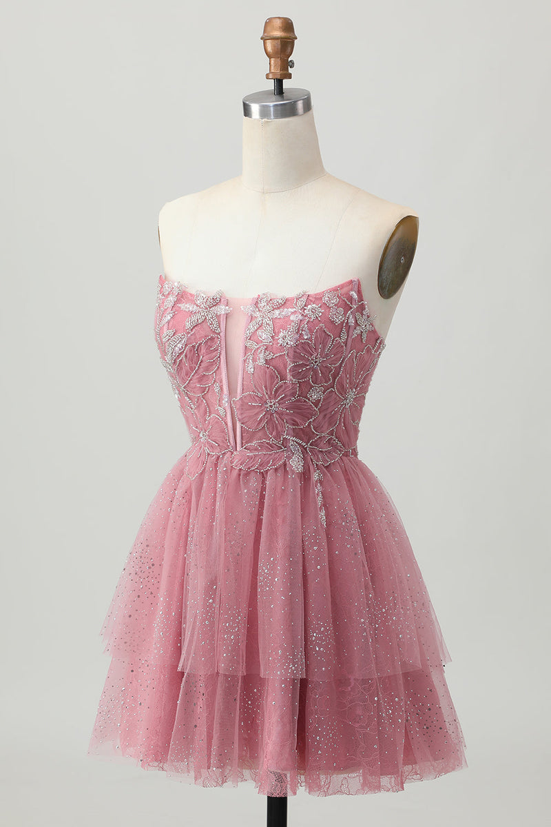 Load image into Gallery viewer, Glitter Dusty Rose Tiered Tulle Ruffled Short Corset Prom Dress