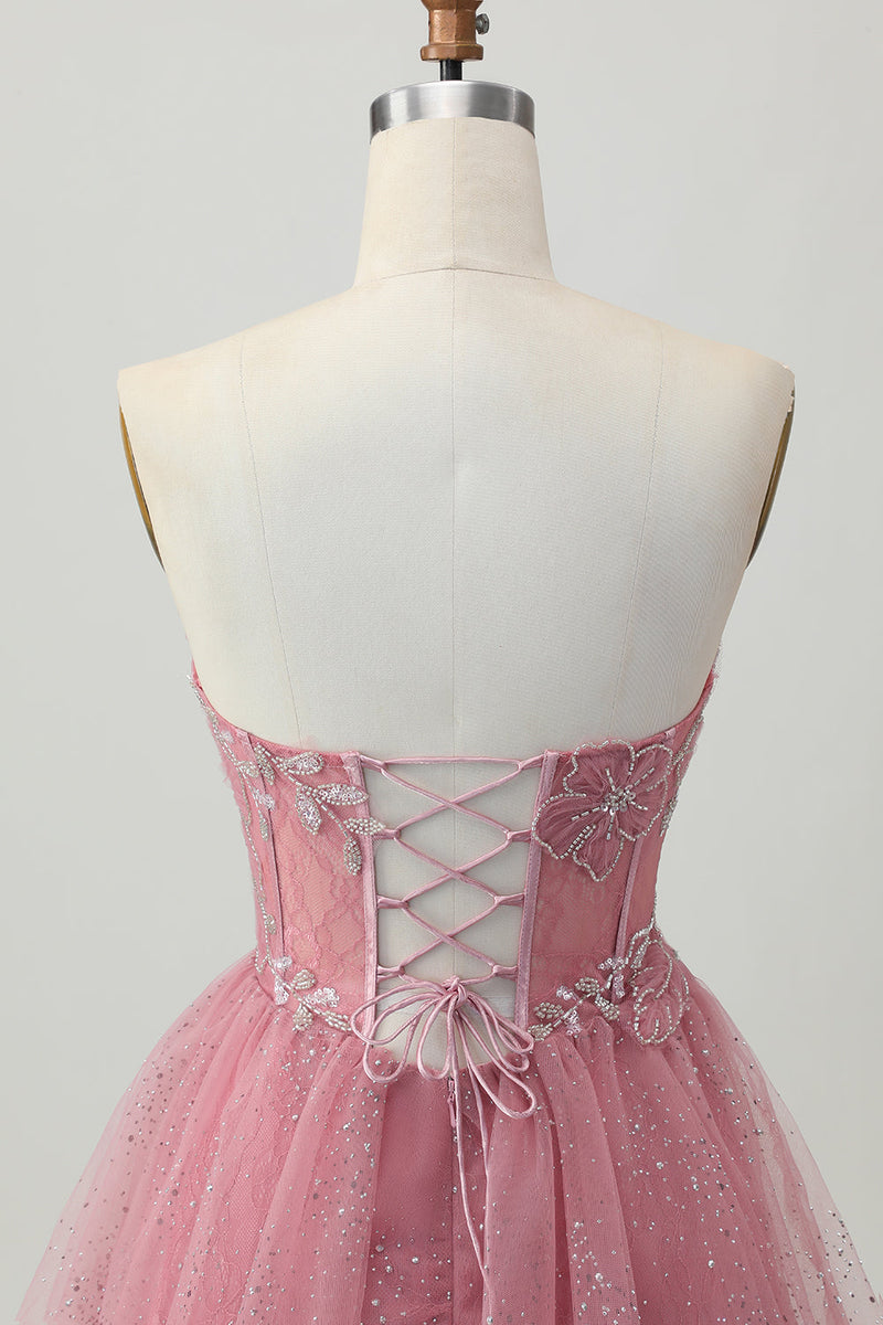 Load image into Gallery viewer, Glitter Dusty Rose Tiered Tulle Ruffled Short Corset Prom Dress