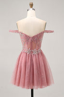 Load image into Gallery viewer, Sparkly Dusty Rose Lace Floral Short Corset Prom Dress