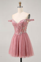 Load image into Gallery viewer, Sparkly Dusty Rose Lace Floral Short Corset Prom Dress