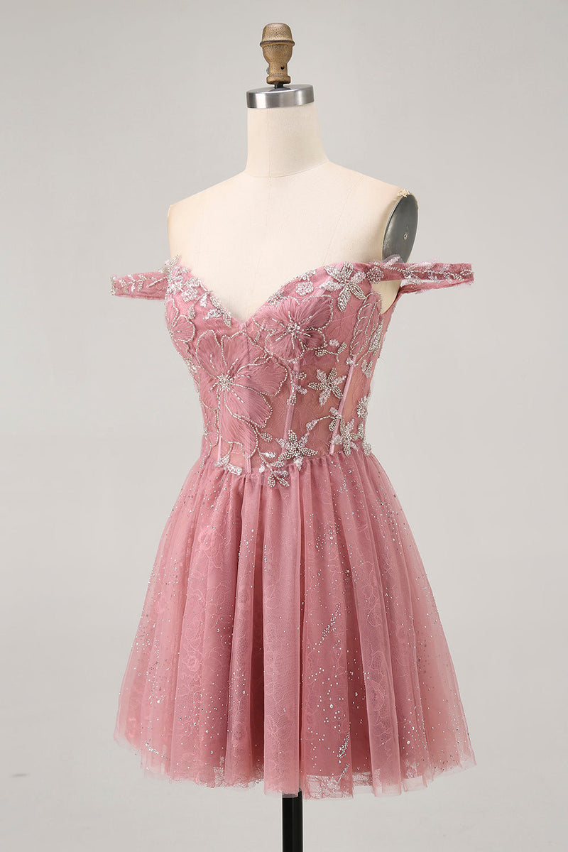 Load image into Gallery viewer, Sparkly Dusty Rose Lace Floral Short Corset Prom Dress