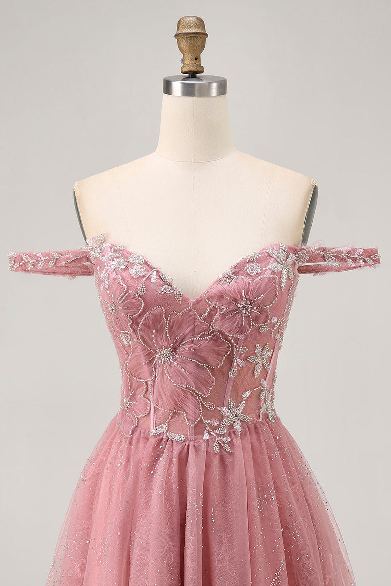 Load image into Gallery viewer, Sparkly Dusty Rose Lace Floral Short Corset Prom Dress