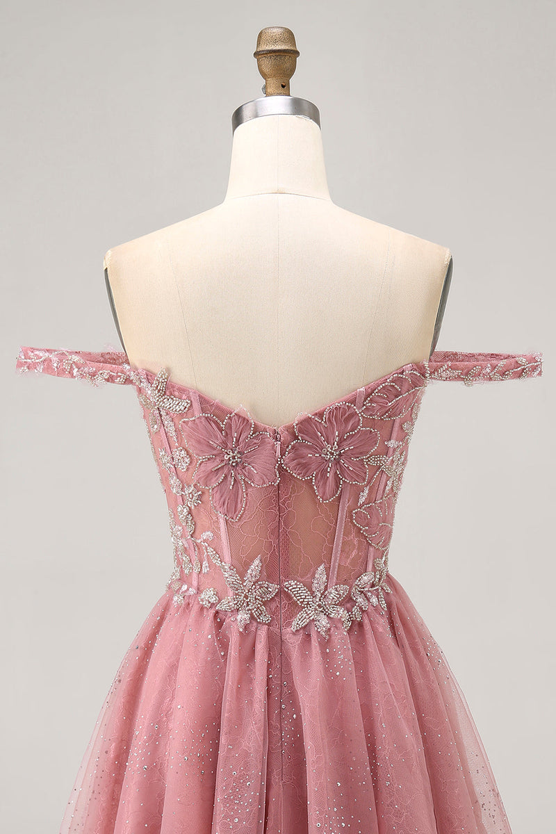Load image into Gallery viewer, Sparkly Dusty Rose Lace Floral Short Corset Prom Dress