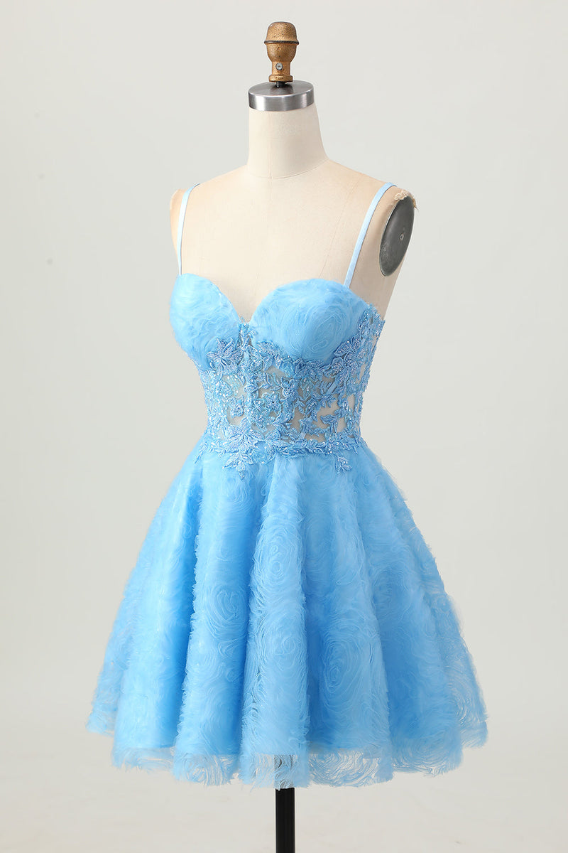 Load image into Gallery viewer, Blue Spaghetti Straps Corset Floral Short Prom Dress with Lace