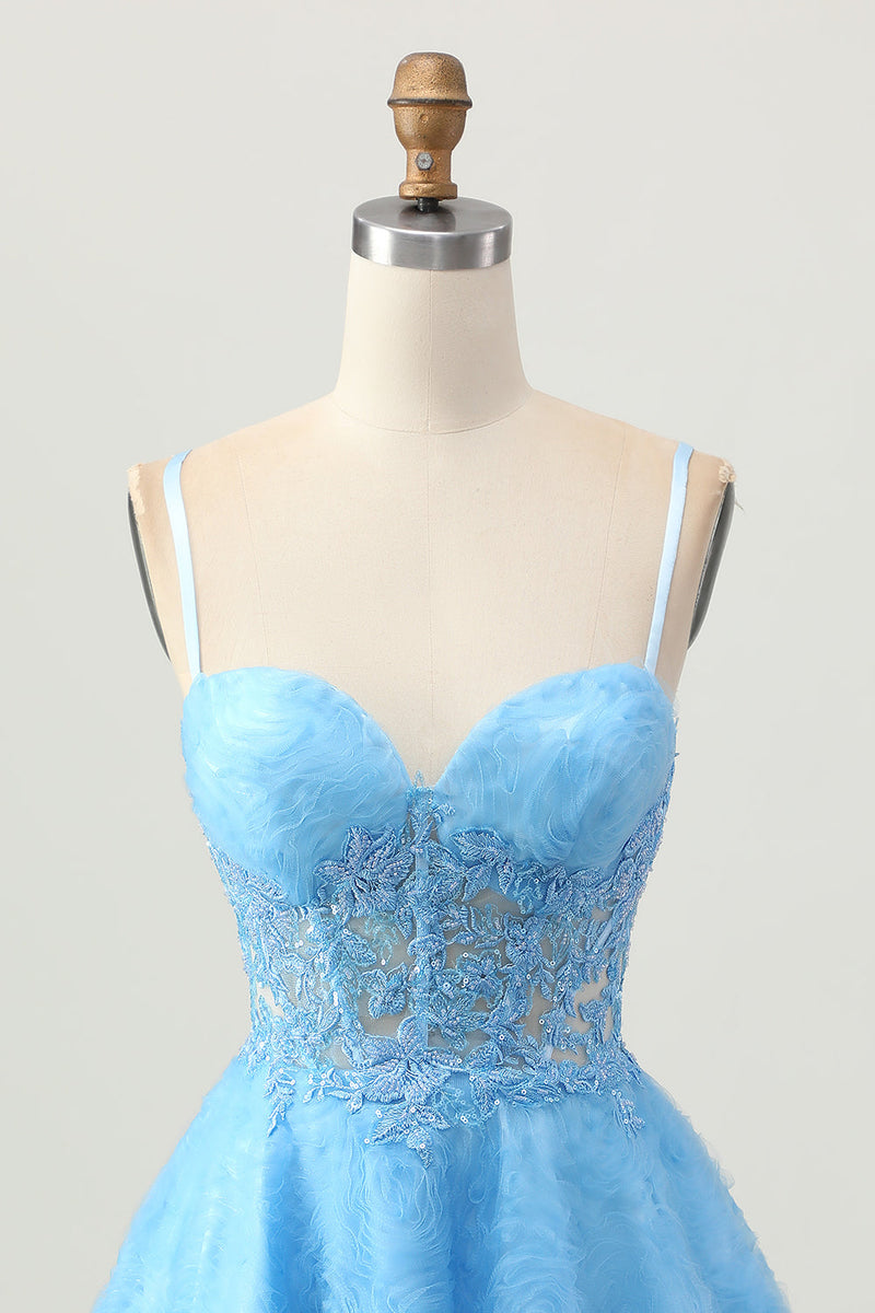 Load image into Gallery viewer, Blue Spaghetti Straps Corset Floral Short Prom Dress with Lace