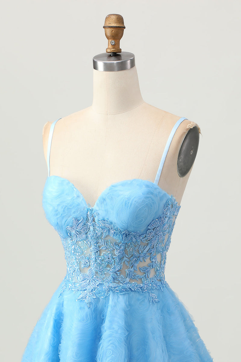 Load image into Gallery viewer, Blue Spaghetti Straps Corset Floral Short Prom Dress with Lace