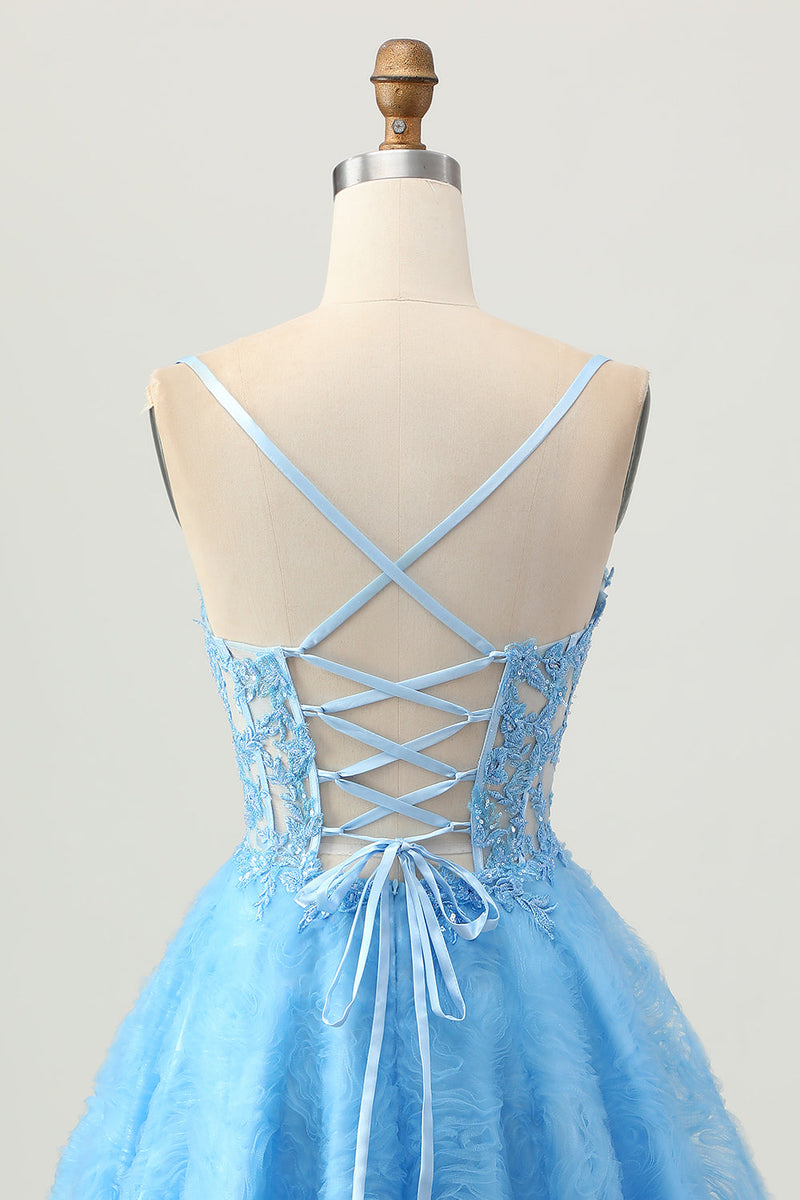 Load image into Gallery viewer, Blue Spaghetti Straps Corset Floral Short Prom Dress with Lace