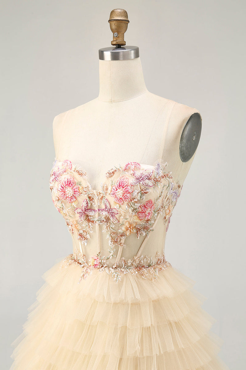 Load image into Gallery viewer, Apricot Floral Short Corset Tiered Prom Dress with Ruffles