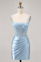 Load image into Gallery viewer, Sparkly Blue Satin Corset Tight Short Prom Dress with Lace