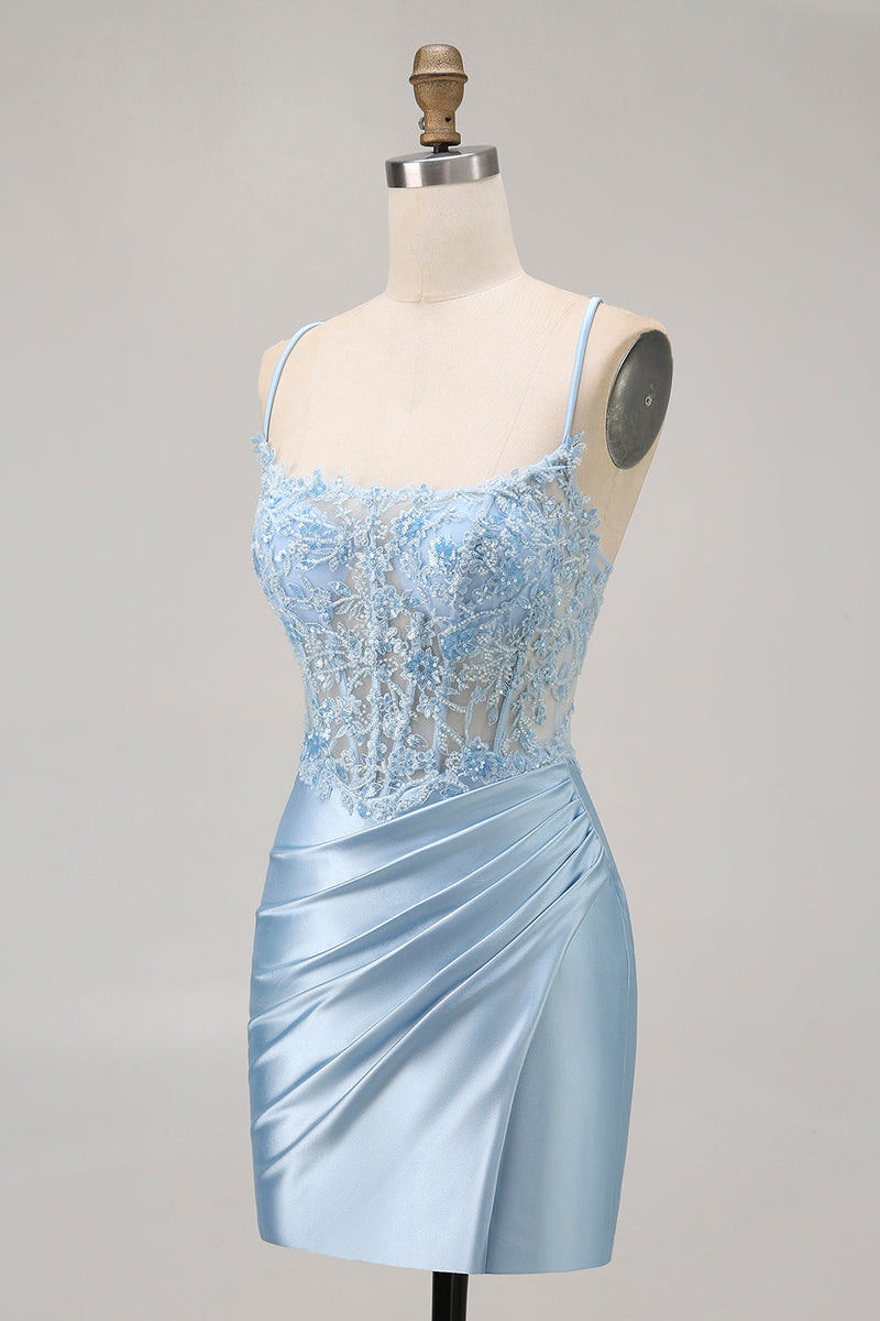 Load image into Gallery viewer, Sparkly Blue Satin Corset Tight Short Prom Dress with Lace