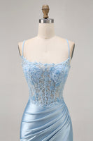 Load image into Gallery viewer, Sparkly Blue Satin Corset Tight Short Prom Dress with Lace