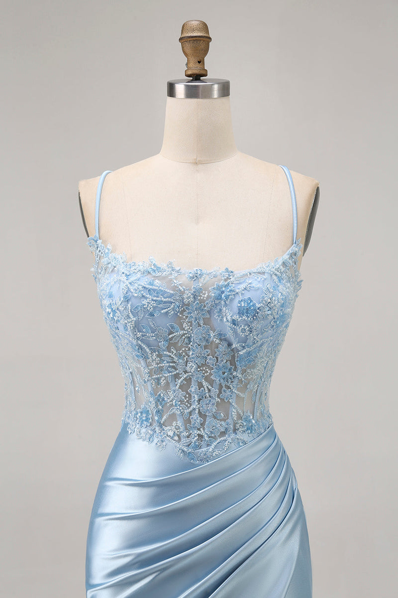Load image into Gallery viewer, Sparkly Blue Satin Corset Tight Short Prom Dress with Lace