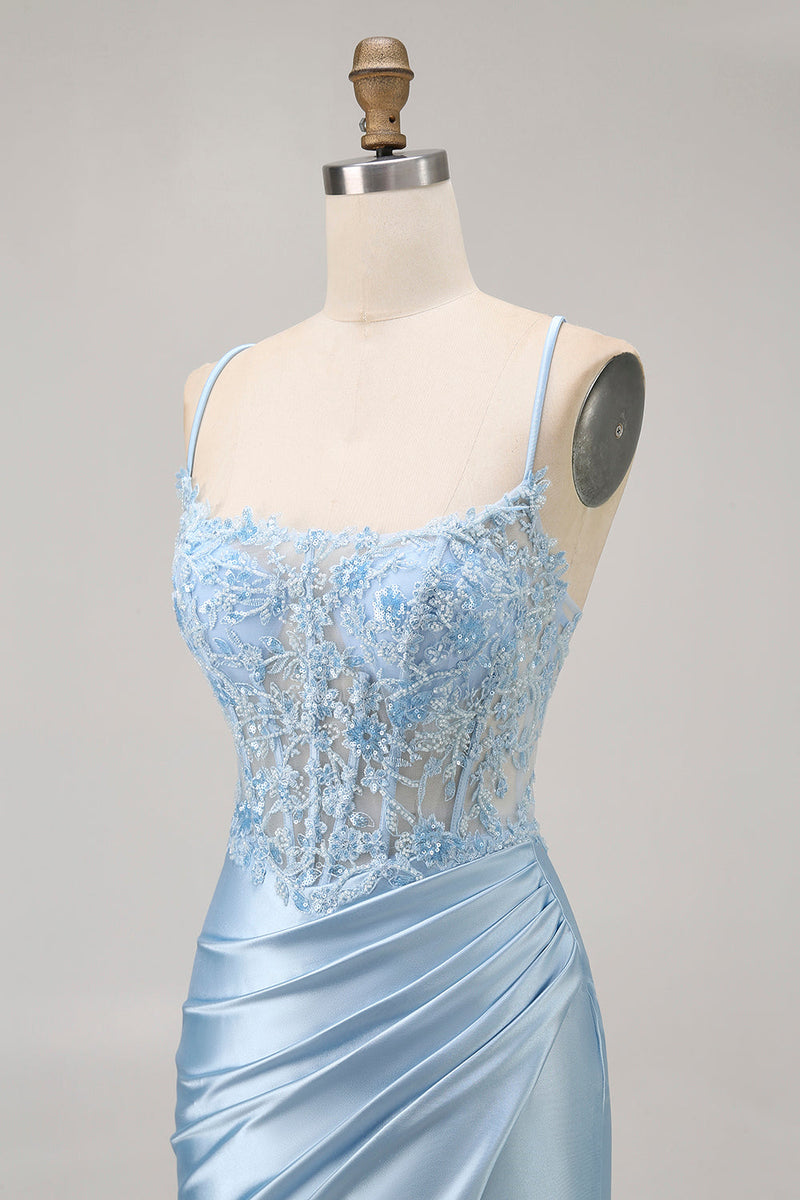 Load image into Gallery viewer, Sparkly Blue Satin Corset Tight Short Prom Dress with Lace