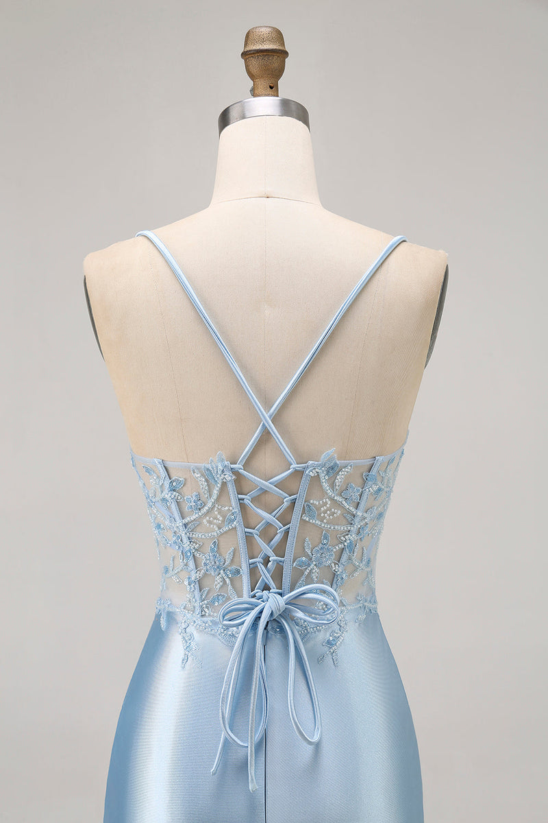 Load image into Gallery viewer, Sparkly Blue Satin Corset Tight Short Prom Dress with Lace