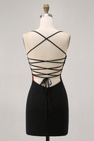 Load image into Gallery viewer, Black Spaghetti Straps Tight Short Prom Dress with Beading