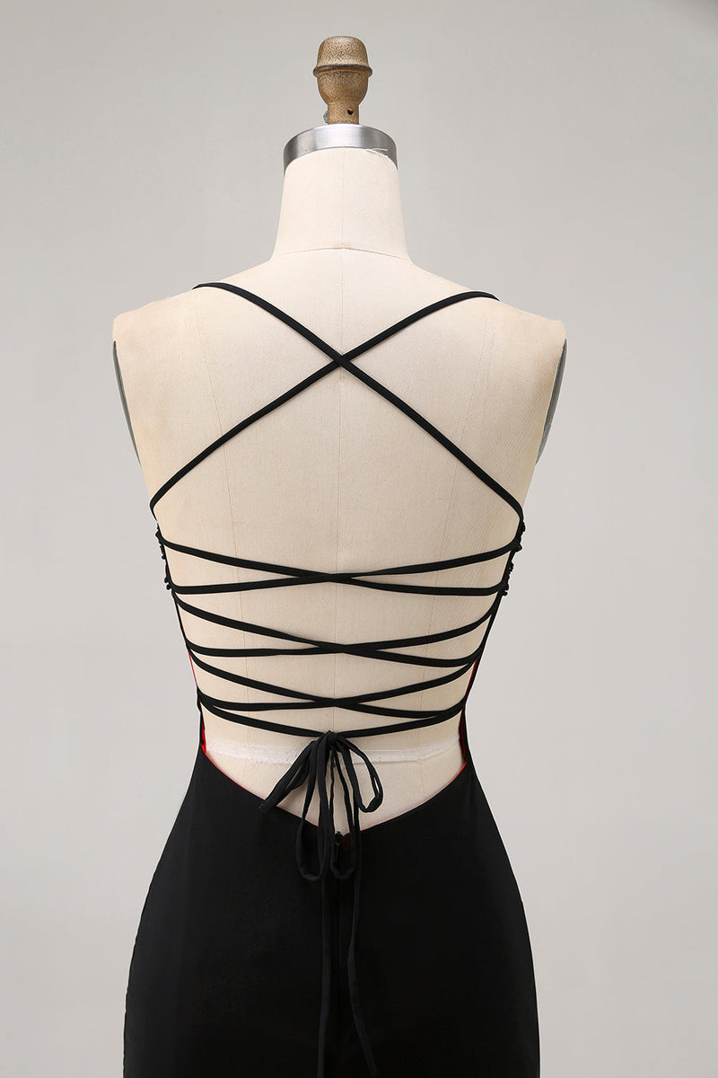 Load image into Gallery viewer, Black Spaghetti Straps Tight Short Prom Dress with Beading