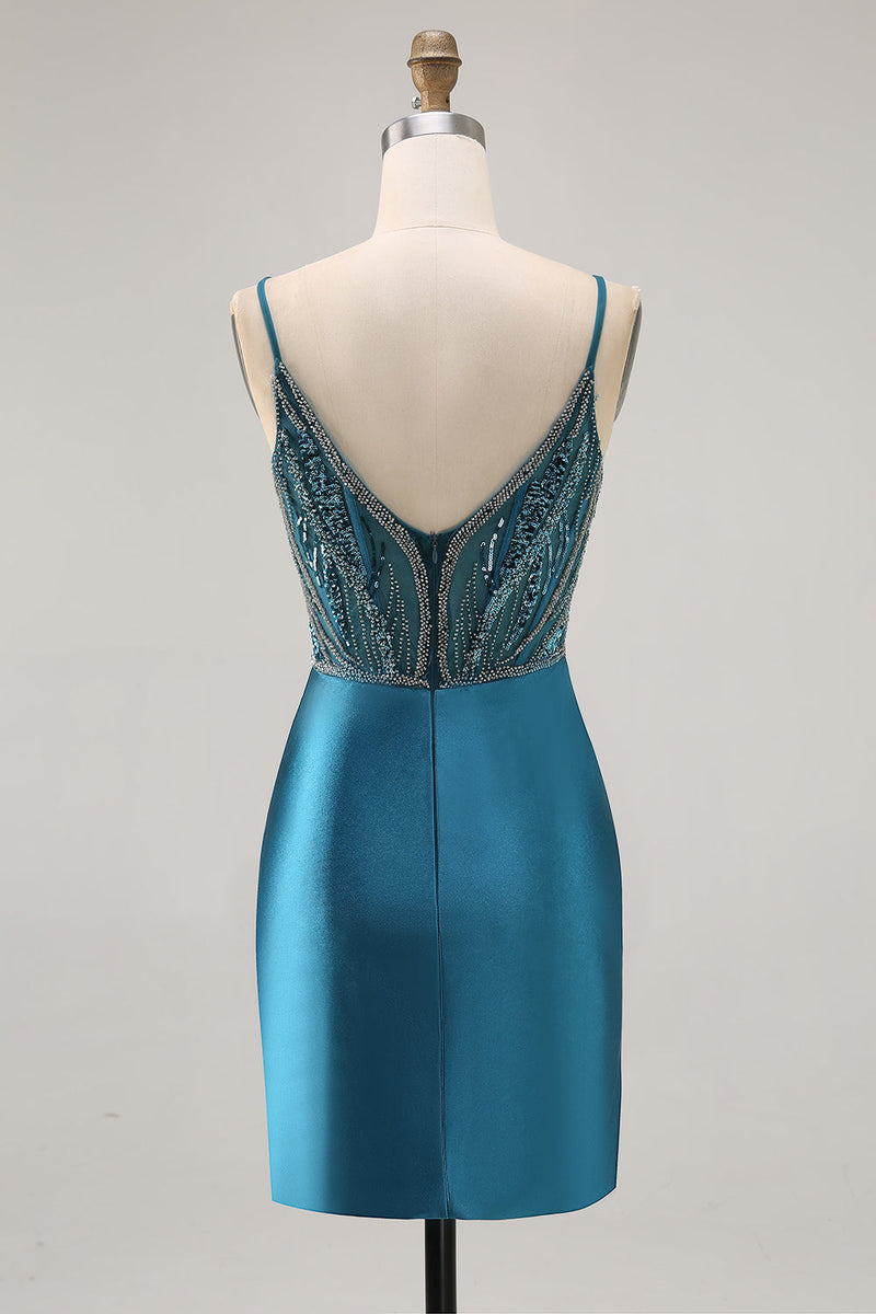 Load image into Gallery viewer, Sparkly Peacock Blue Short Corset Tight Prom Dress with Beading