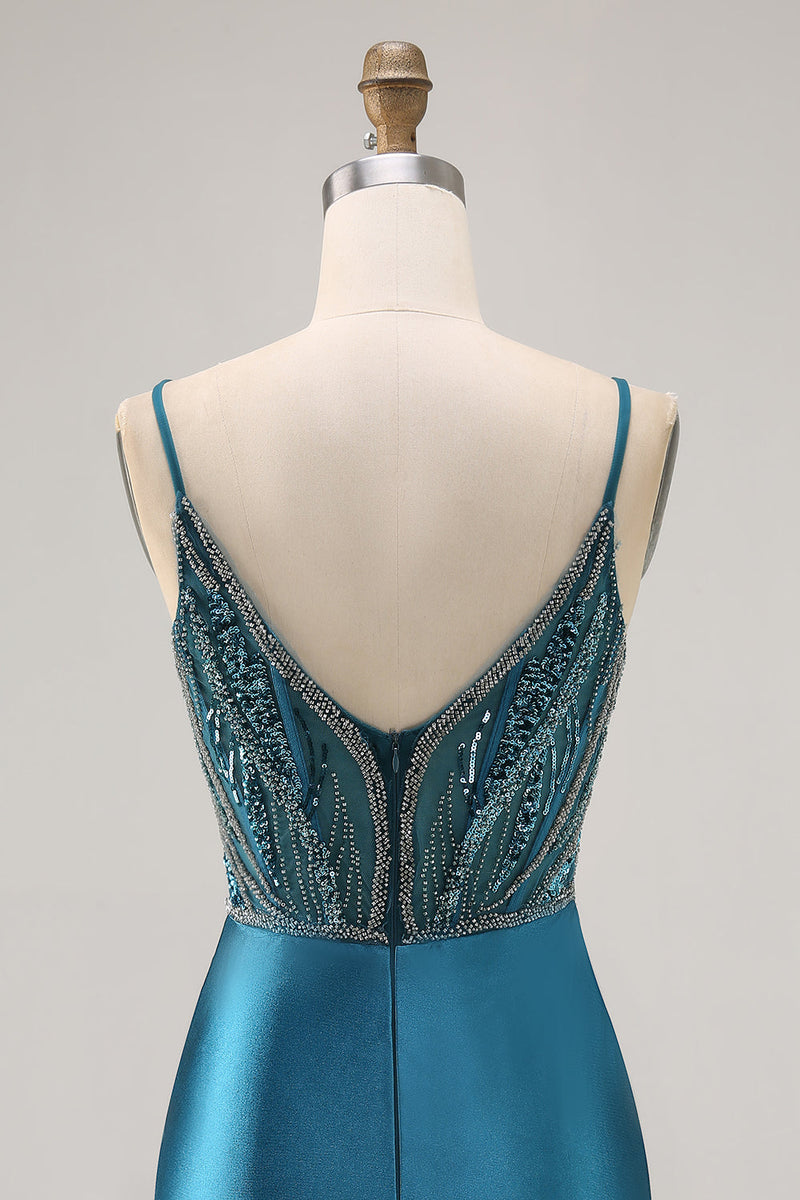 Load image into Gallery viewer, Sparkly Peacock Blue Short Corset Tight Prom Dress with Beading