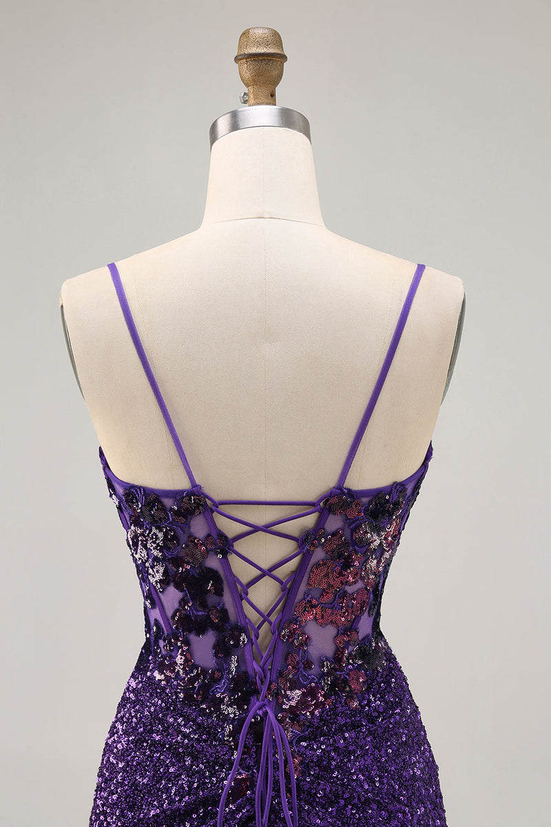 Load image into Gallery viewer, Sparkly Dark Purple Sequin Tight Short Corset Prom Dress
