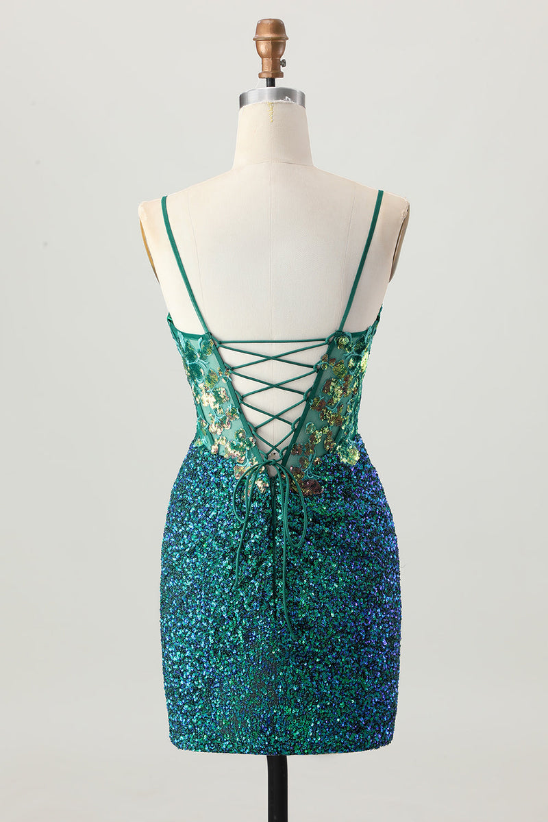 Load image into Gallery viewer, Sparkly Dark Green Corset Sequin Short Tight Prom Dress