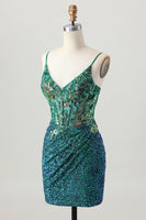 Load image into Gallery viewer, Sparkly Dark Green Corset Sequin Short Tight Prom Dress