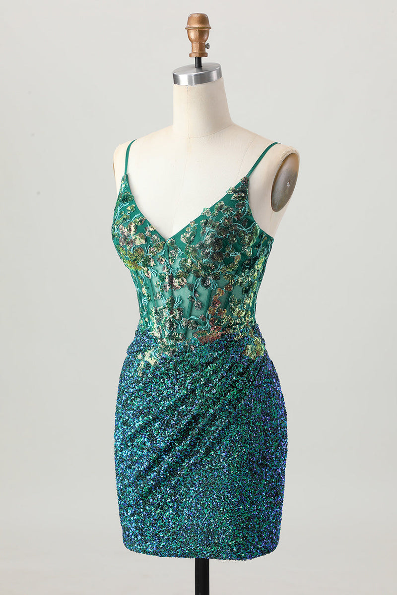 Load image into Gallery viewer, Sparkly Dark Green Corset Sequin Short Tight Prom Dress