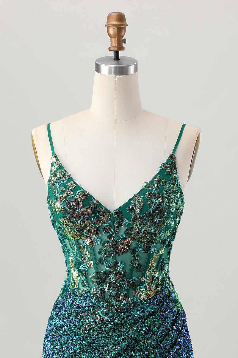Load image into Gallery viewer, Sparkly Dark Green Corset Sequin Short Tight Prom Dress