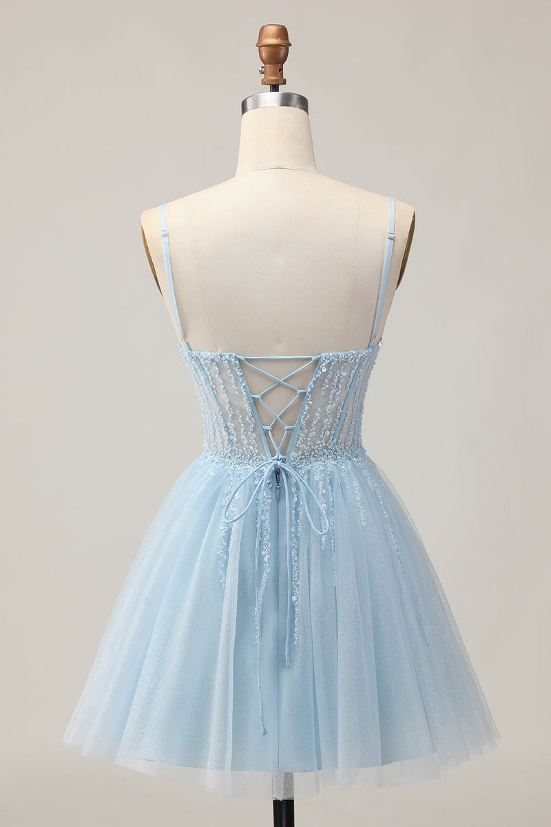 Load image into Gallery viewer, Sparkly Light Blue Corset Tulle A Line Short Prom Dress with Beading
