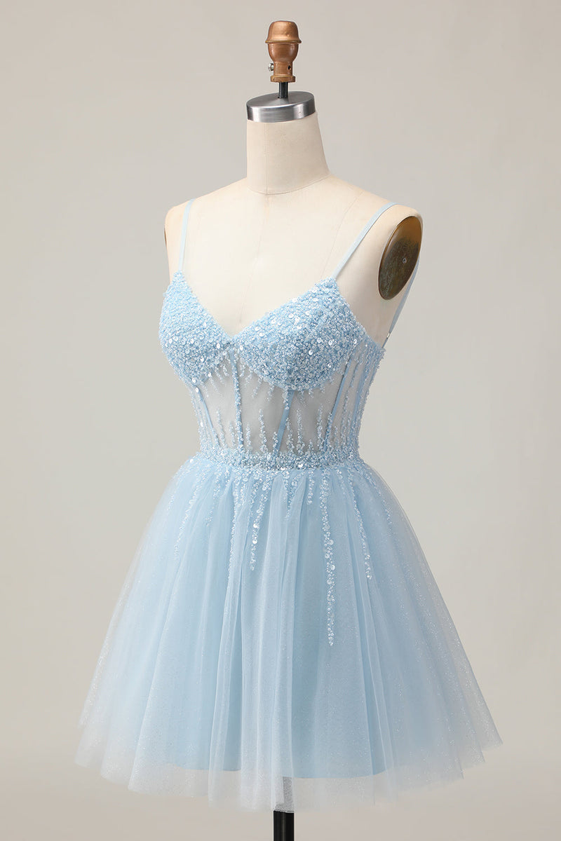 Load image into Gallery viewer, Sparkly Light Blue Corset Tulle A Line Short Prom Dress with Beading