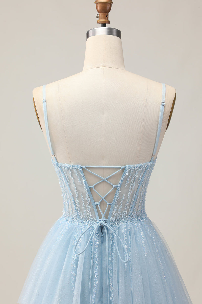 Load image into Gallery viewer, Sparkly Light Blue Corset Tulle A Line Short Prom Dress with Beading