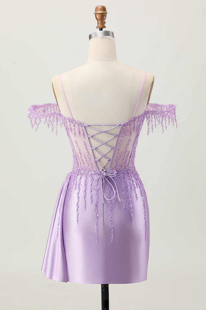 Load image into Gallery viewer, Sparkly Lilac Cold Shoulder Short Corset Prom Dress with Beading