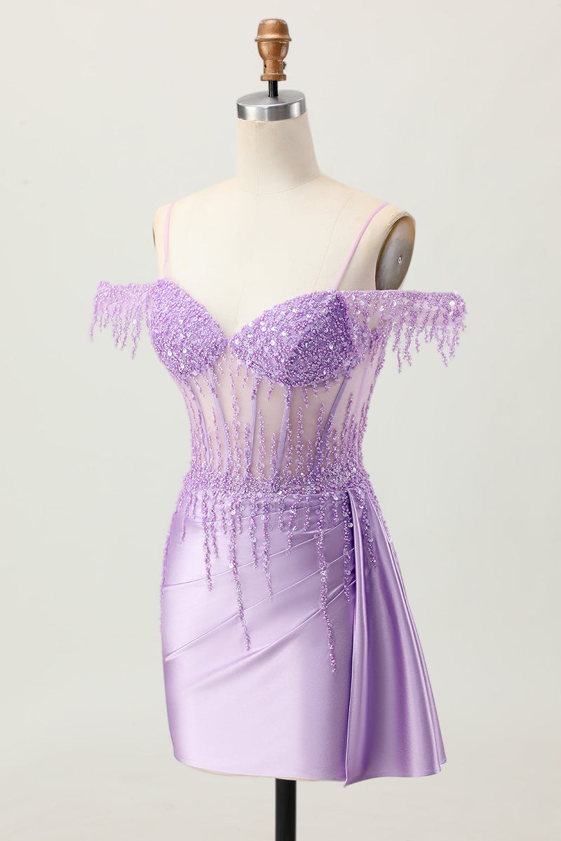 Load image into Gallery viewer, Sparkly Lilac Cold Shoulder Short Corset Prom Dress with Beading