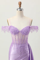 Load image into Gallery viewer, Sparkly Lilac Cold Shoulder Short Corset Prom Dress with Beading