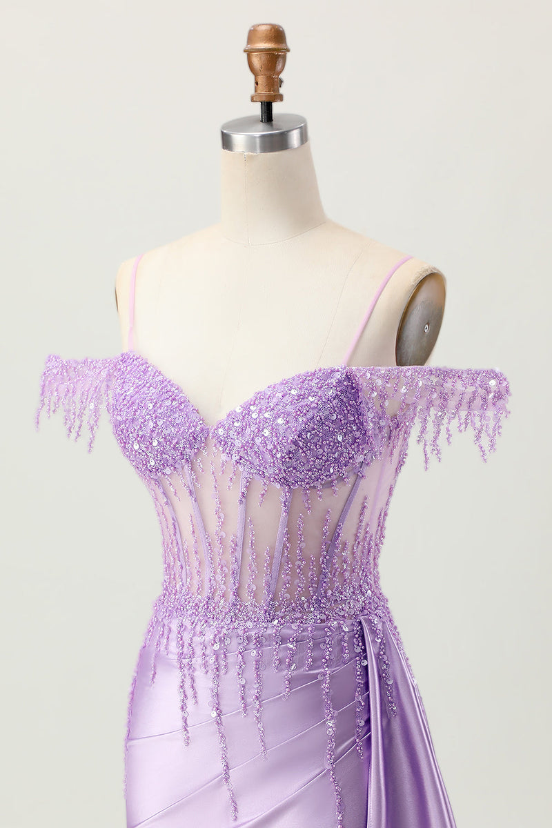 Load image into Gallery viewer, Sparkly Lilac Cold Shoulder Short Corset Prom Dress with Beading