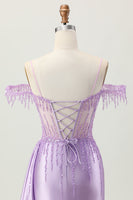 Load image into Gallery viewer, Sparkly Lilac Cold Shoulder Short Corset Prom Dress with Beading