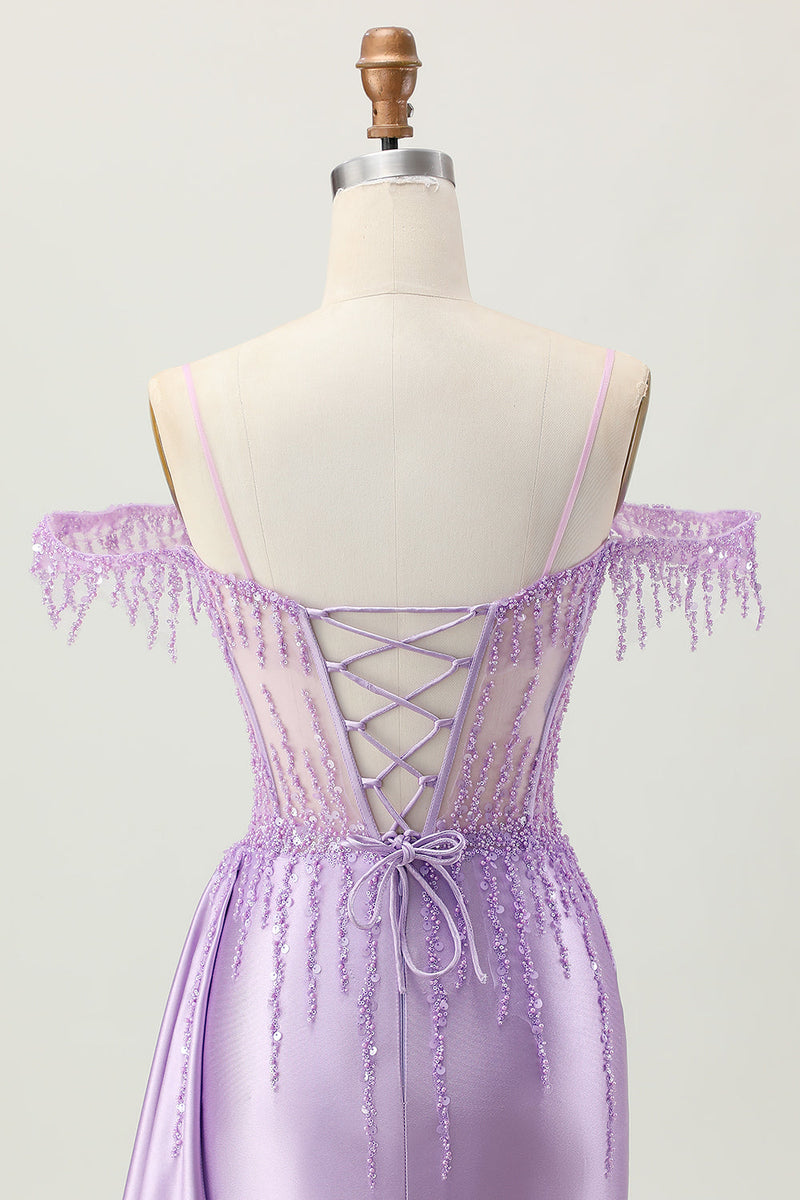 Load image into Gallery viewer, Sparkly Lilac Cold Shoulder Short Corset Prom Dress with Beading